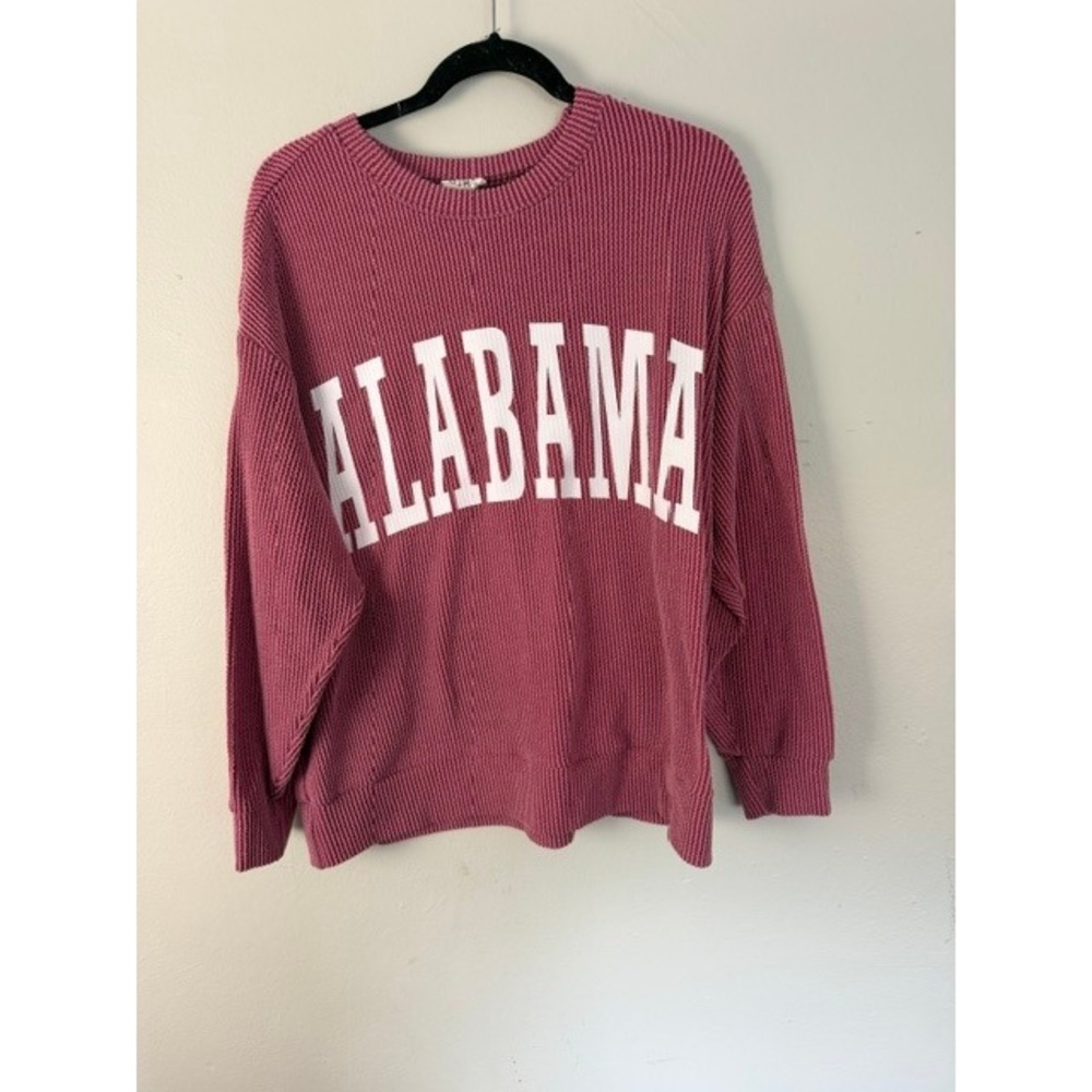 BIBI Alabama Graphic Ribbed Knit Sweater Mauve Pink Collegiate Pullover Small